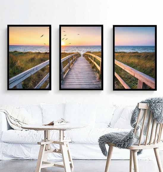 Kit 3 Quadros Paisagem Praia Deck Decoração Conjunto Moldura