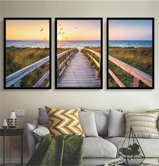 Kit 3 Quadros Paisagem Praia Deck Decoração Conjunto Moldura
