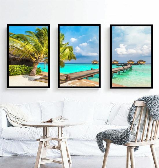 Kit 3 Quadros Paisagem Praia Deck Decoração Resort Moldura
