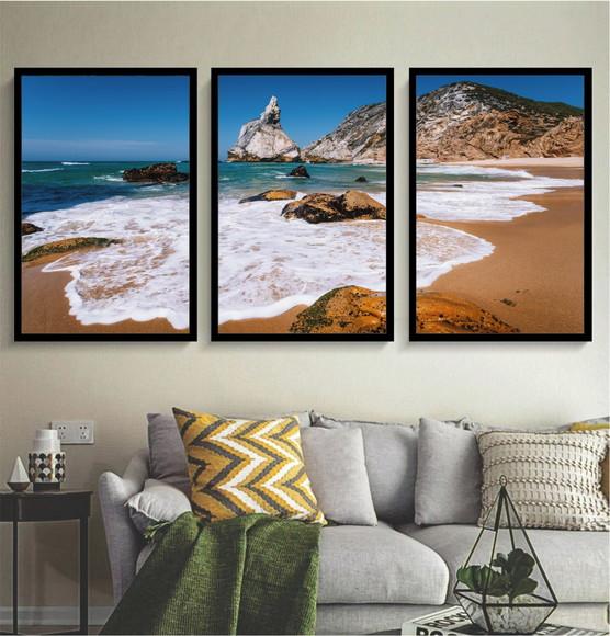 Kit 3 Quadros Paisagem Praia Ilha Decoração Conjunto Moldura