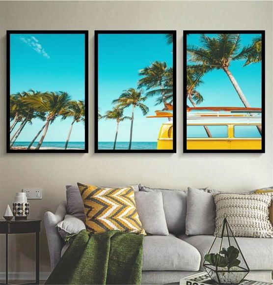 Kit 3 Quadros Paisagem Praia Kombi Decoração Viagem Molduras