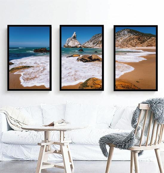 Kit 3 Quadros Paisagem Praia Ilha Decoração Conjunto Moldura