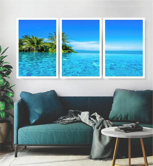Kit 3 Quadros Paisagem Praia Mar Azul Decoração Com Moldura
