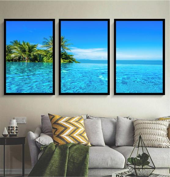 Kit 3 Quadros Paisagem Praia Mar Azul Decoração Com Moldura