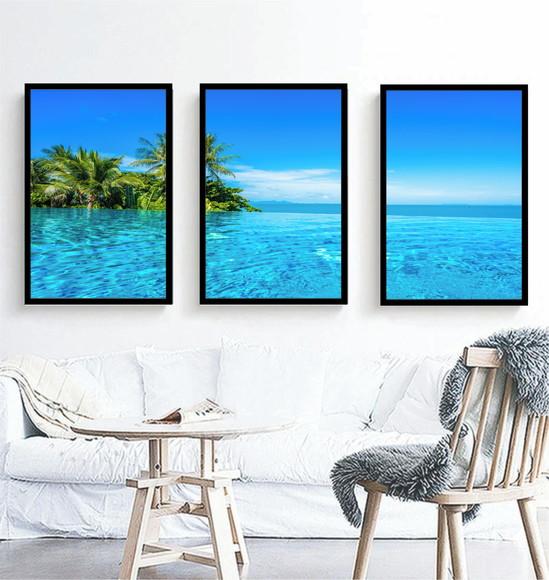 Kit 3 Quadros Paisagem Praia Mar Azul Decoração Com Moldura