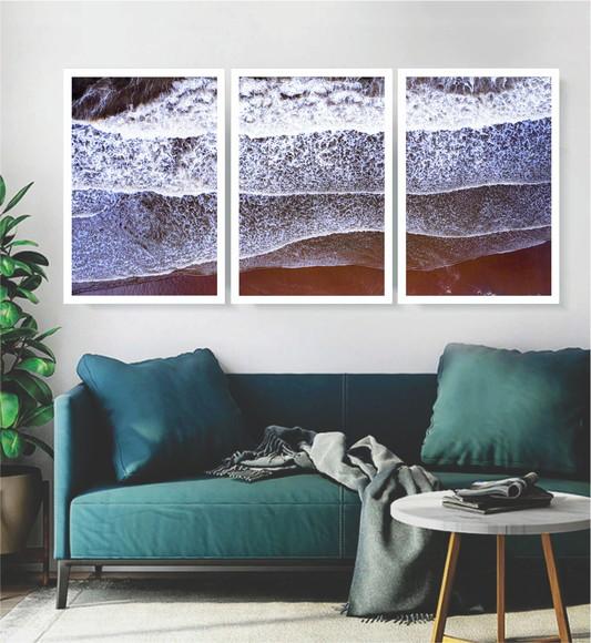 Kit 3 Quadros Paisagem Praia Mar Decoração Conjunto Moldura