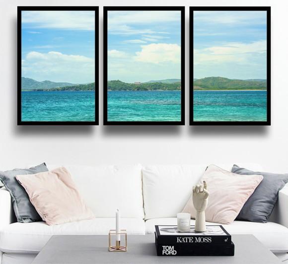 Kit 3 Quadros Paisagem Praia Mar Decoração Oceano Moldura