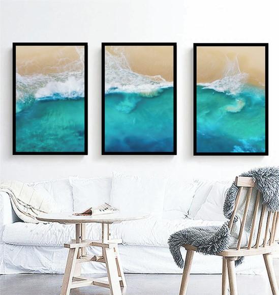 Kit 3 Quadros Paisagem Praia Onda Decoração Conjunto Moldura
