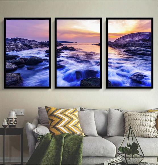 Kit 3 Quadros Paisagem Praia Pôr Do Sol Decoração Moldura