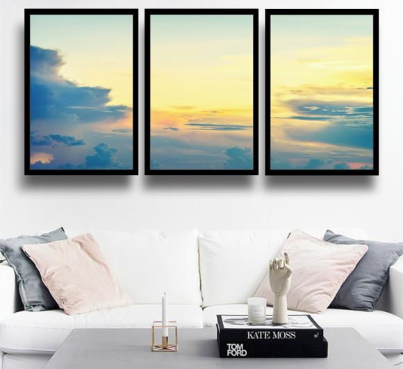 Kit 3 Quadros Paisagem Sol Decoração Nuvens Conjunto Moldura
