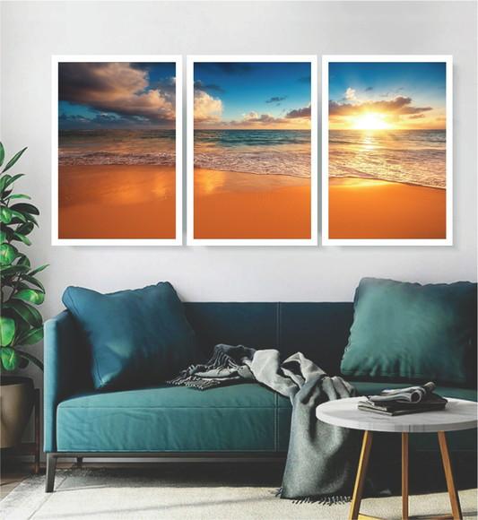 Kit 3 Quadros Paisagem Sol e Praia Decoração Mar Com Moldura