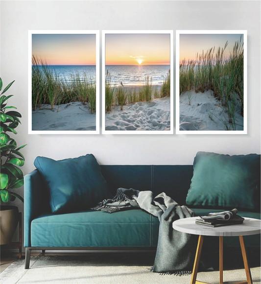 Kit 3 Quadros Paisagem Sol Praia Conjunto Decoração Moldura