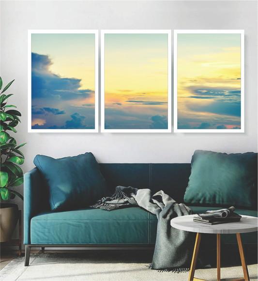 Kit 3 Quadros Paisagem Sol Nuvem Decoração Conjunto Moldura