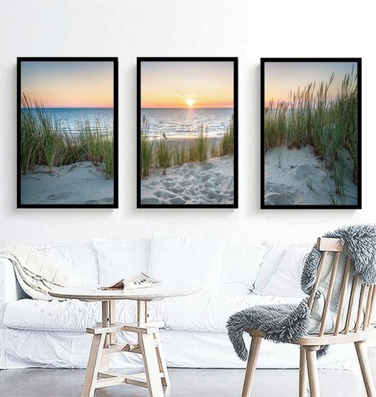 Kit 3 Quadros Paisagem Sol Praia Conjunto Decoração Molduras