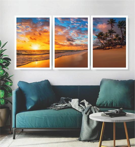 Kit 3 Quadros Paisagem Sol Praia Coqueiro Decoração Molduras