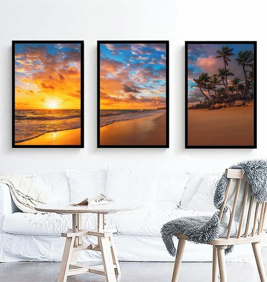 Kit 3 Quadros Paisagem Sol Praia Coqueiros Decoração Moldura