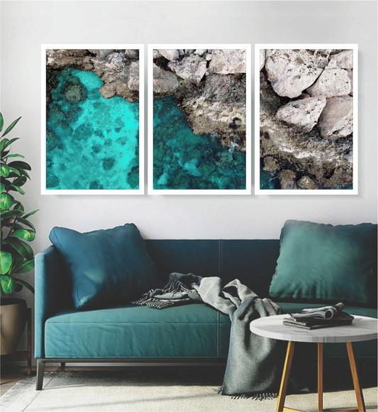 Kit 3 Quadros Paisagens Decoração Praia Mar Conjunto Moldura