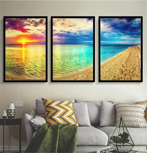 Kit 3 Quadros Paisagens Pôr Do Sol Decoração Praia Moldura