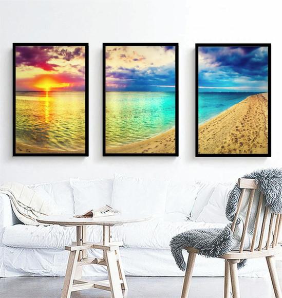 Kit 3 Quadros Paisagens Pôr Do Sol Decoração Praia Moldura
