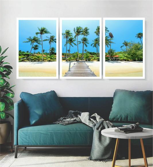 Kit 3 Quadros Paisagens Resort Praia Decoração Mar Moldura