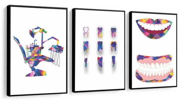Kit 3 Quadros Para Consultório Dentista Odontologia Moldura