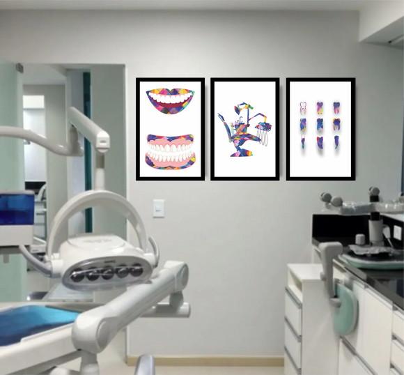 Kit 3 Quadros Para Consultório Dentista Odontologia Moldura