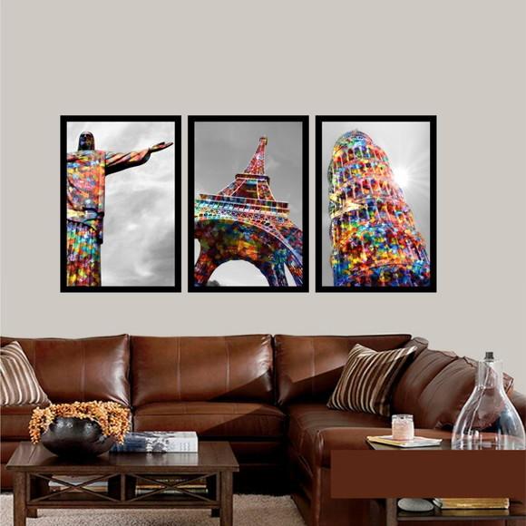 Kit 3 Quadros Paris Rio De Janeiro Itália Decoração Molduras