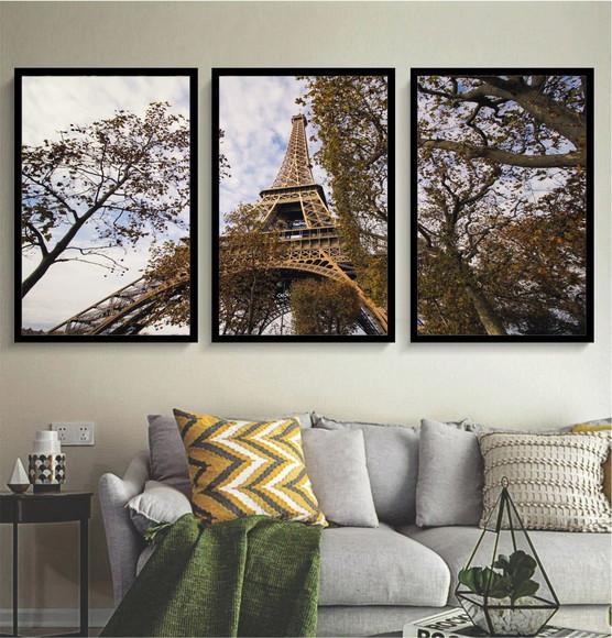 Kit 3 Quadros Paris Torre Eiffel Arvores Decoração Molduras