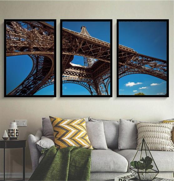 Kit 3 Quadros Paris Torre Eiffel Céu Azul Decoração Moldura