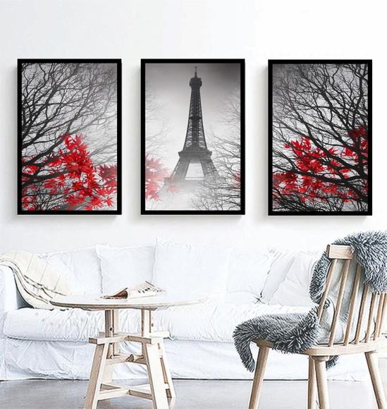 Kit 3 Quadros Paris Torre Eiffel Decoração Folhagem Moldura