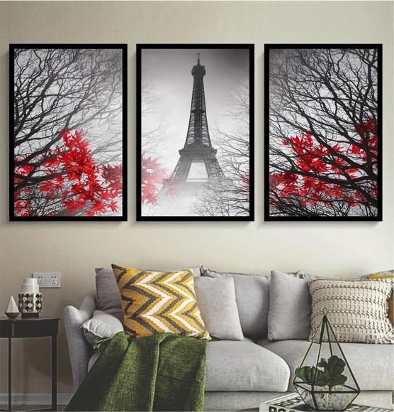 Kit 3 Quadros Paris Torre Eiffel Decoração Folhagem Moldura