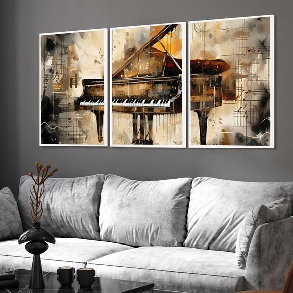 Kit 3 Quadros Piano Música Luxo Decoração com Moldura Vidro