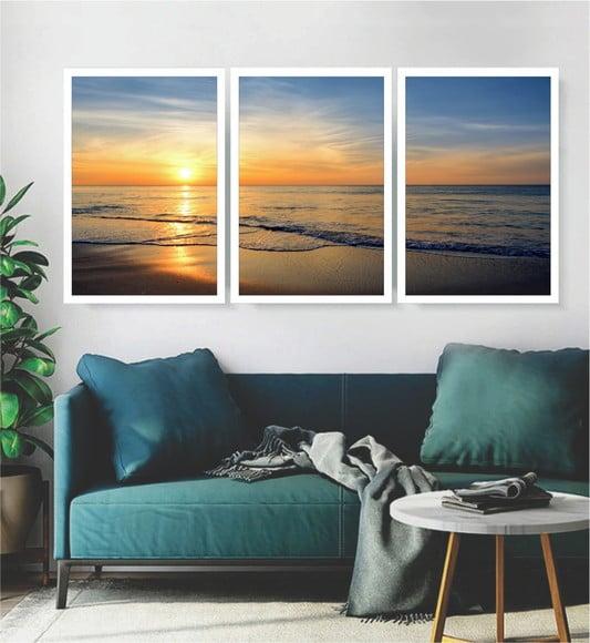 Kit 3 Quadros Pôr Do Sol Decoração Praia e Mar Com Moldura