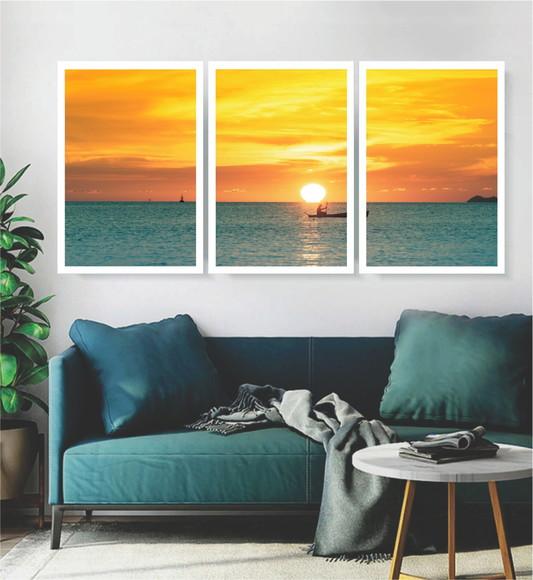 Kit 3 Quadros Pôr Do Sol Paisagem Decoração Conjunto Moldura