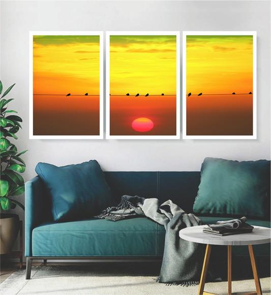 Kit 3 Quadros Pôr Do Sol Pássaros Paisagem Decoração Moldura