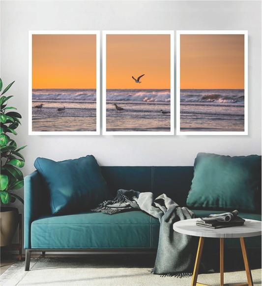 Kit 3 Quadros Pôr Do Sol Pássaros Paisagem Decoração Moldura