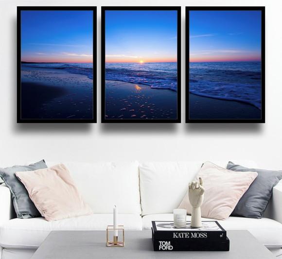 Kit 3 Quadros Pôr Do Sol Praia e Mar Decoração Com Moldura