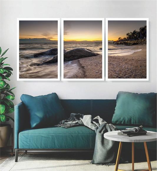 Kit 3 Quadros Pôr Do Sol Praia Paisagem Decoração Moldura