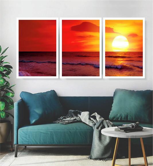 Kit 3 Quadros Pôr Do Sol Praia Paisagens Decoração Moldura