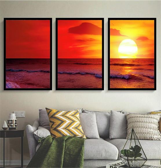 Kit 3 Quadros Pôr Do Sol Praias Paisagem Decoração Moldura