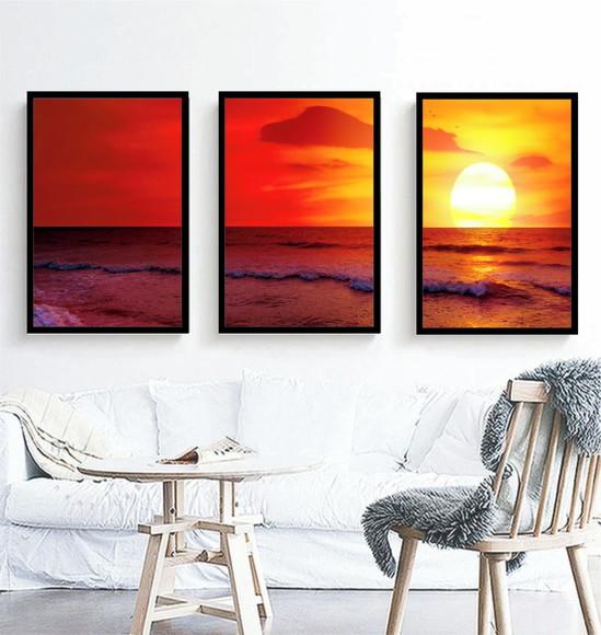 Kit 3 Quadros Pôr Do Sol Praias Paisagem Decoração Moldura