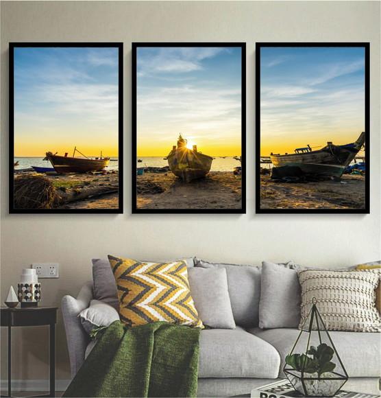 Kit 3 Quadros Praia Barcos Pôr Do Sol Decoração Com Molduras