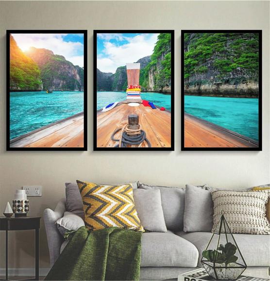 Kit 3 Quadros Praia Barcos Tailândia Mar Decoração Molduras