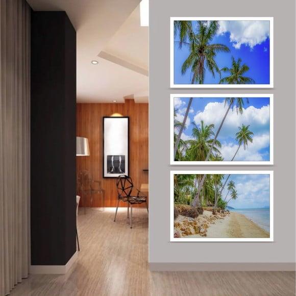 Kit 3 Quadros Praia Coqueiro Paisagem Decoração Com Moldura