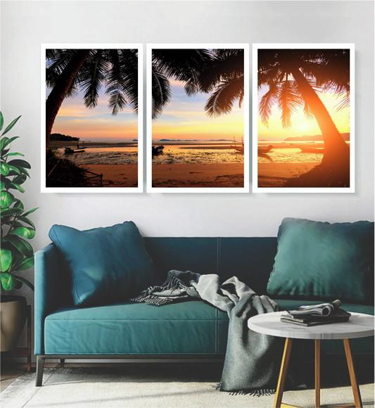 Kit 3 Quadros Praia Coqueiros Pôr Do Sol Decoração Moldura