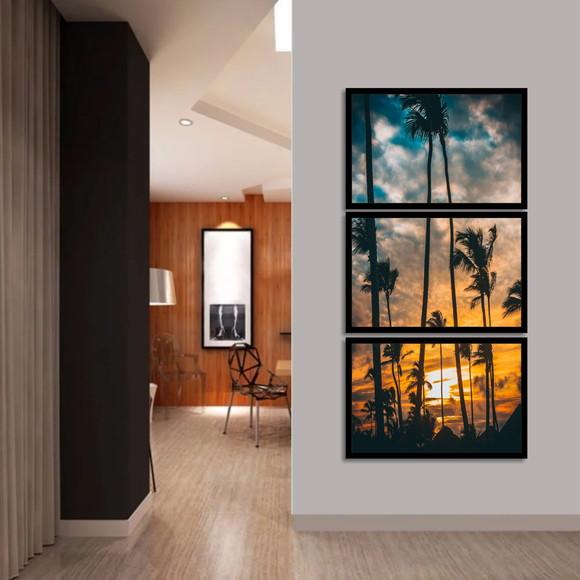 Kit 3 Quadros Praia Coqueiros Pôr do Sol Decoração Molduras