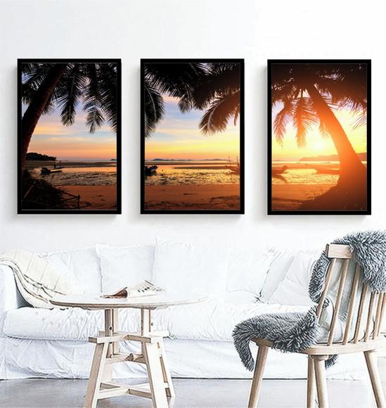 Kit 3 Quadros Praia Coqueiros Pôr Do Sol Decoração Molduras