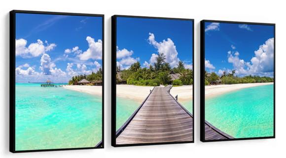 Kit 3 Quadros Praia Deck Caribe Maldivas Decoração Moldura