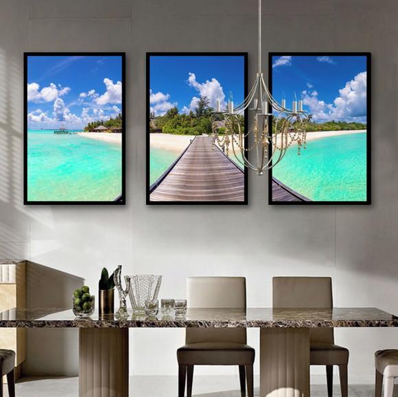 Kit 3 Quadros Praia Deck Caribe Maldivas Decoração Moldura