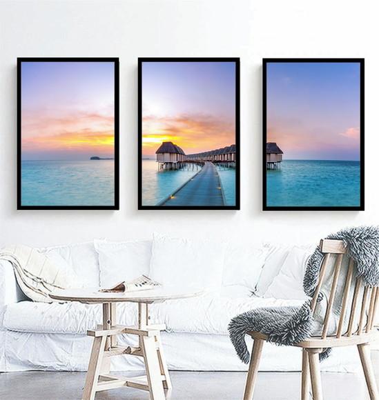 Kit 3 Quadros Praia Deck Maldivas Decoração Conjunto Moldura